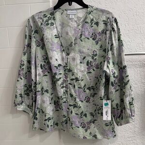 Zara Floral V-Neck Blouse - Green and Purple